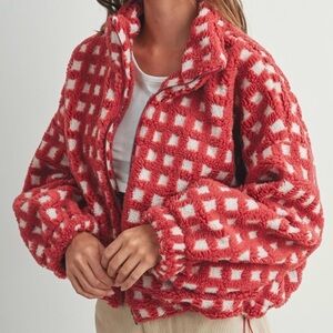 Chic Red and White Plaid Teddy Jacket